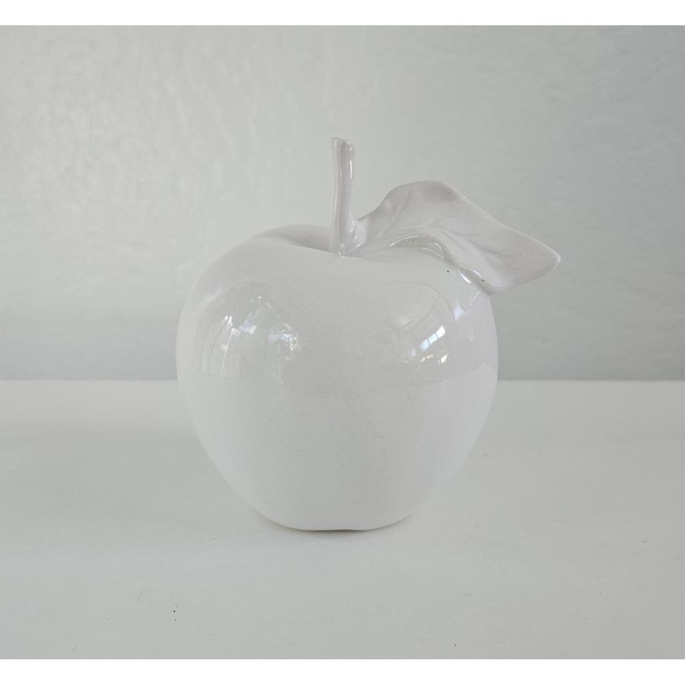 Minimalist Ceramic Apple Sculpture 4.5" White Glazed Porcelain Fruit Figurine